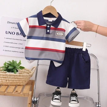 Summer Baby Boys Clothing Set Cotton Short Sleeve Striped Lapel Shirt Shorts 2Pcs Suit For 1-5 Years Kids Children Casual Outfit