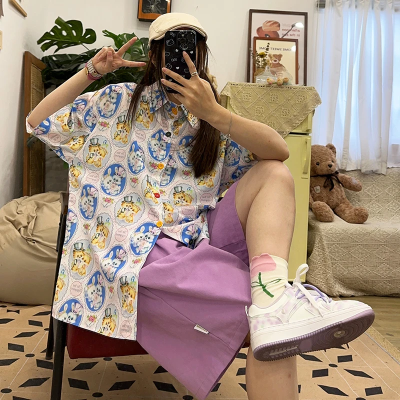 Homemade Vintage Cute Cat Showa Print Hong Kong Style Yappy Short Sleeve Shirts Summer