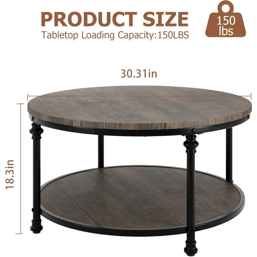 Round Coffee Table for Living Room Rustic Center Table with Storage Shelf Wood Circle Coffee Table , Easy Assembly 2