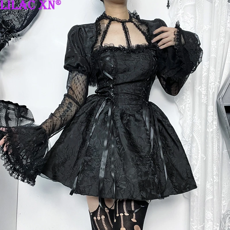 

Goth Black Lace Mesh See Through Smock for Women Top Y2K Sexy Aesthetic Flare Sleeve T-Shirt Smocks Cosplay Fashion Streetwear