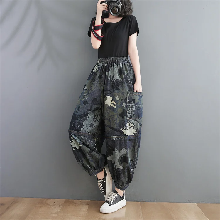 New Spring Autumn Retro Print Denim Jacket Women Elastic Waist Loose Casual Wide Leg Bloomers Female Punk Baggy Jeans Streetwear white jeans