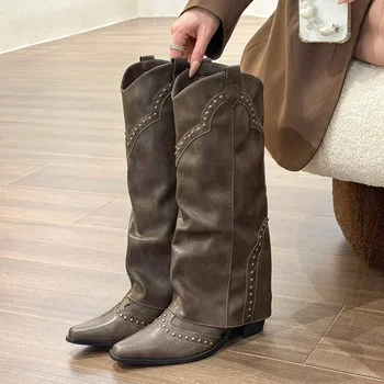 Woman Cowgirl Boots Fashion Slip On Ladies Elegant Square Heel Long Pipe Boots Shoes Retro Women's Winter Footwear 1