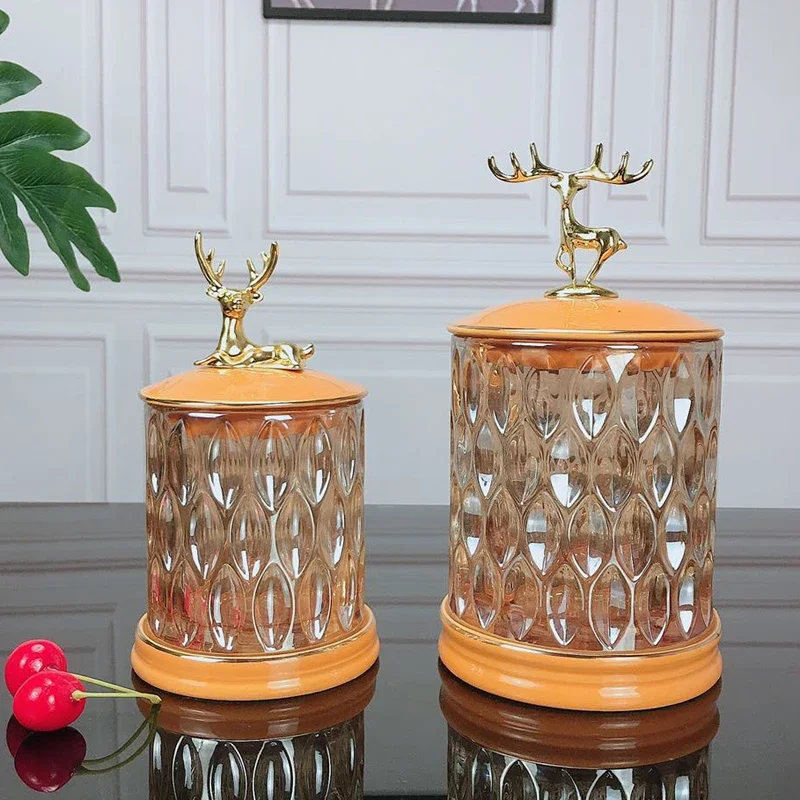 

Crystal Glass Storage Jar with Deer Cover Food Candy Jar Sealed Jar Two-piece Storage Ornaments Desktop Vase Flower Arrangement