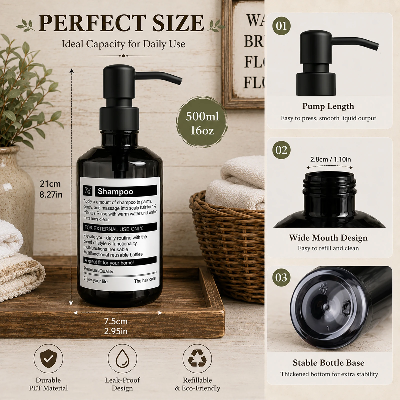 Deluxe Refillable Bathroom Dispenser Bottles for Shampoo, Conditioner, and Body Wash