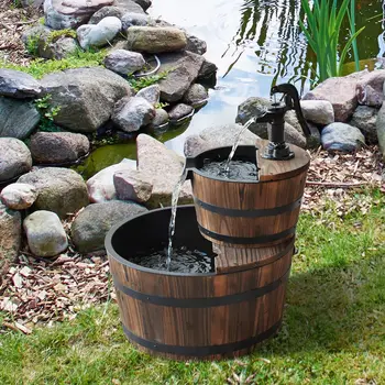 Wood Freestanding Fountain 2 Tier Waterfall Barrel Electric Pump Garden Lawn Backyard Decor, Custom 1