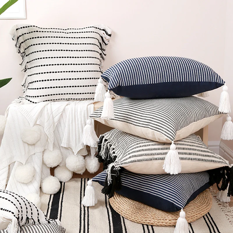 

Cutting Flower Cotton&Linen Fabric Boho Jacquard Throw Pillow Case 30X50cm 45X45cm Tassels Cushion Cover For Home Sofa Decor YSD