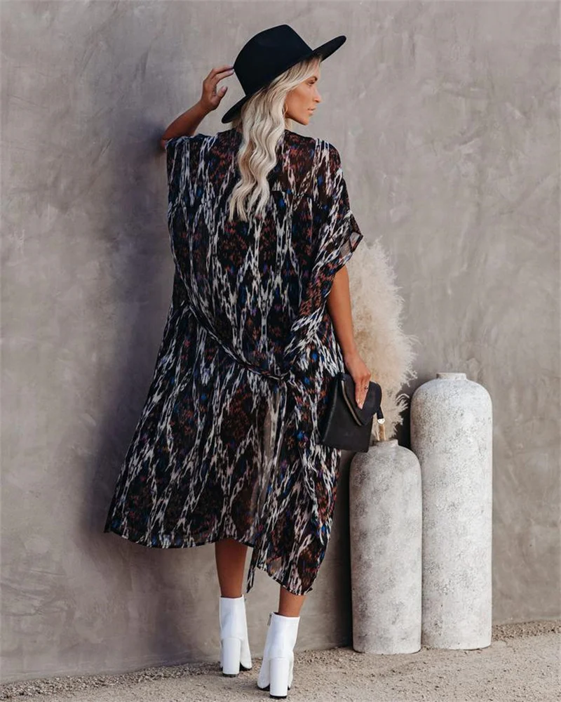 Women's Bohemian Style Leaf Print Bikini Cover-up Summer Casual Vacation Sun Protection Chiffon Loose Cardigan Beachwear Female