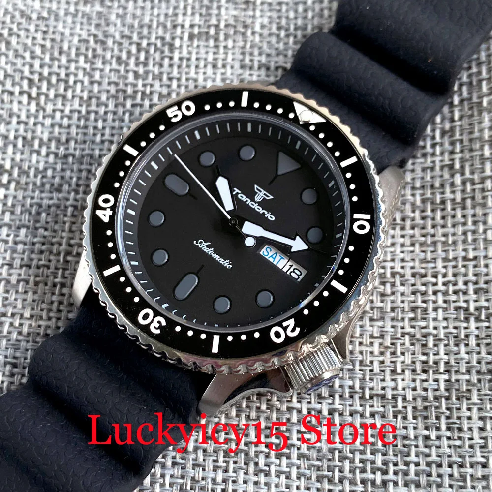 Diver 200M Waterproof Tandorio 41MM NH36A Automatic Men Watch Black Dial Luminous Double Day Display Sapphire Glass Rubber Strap