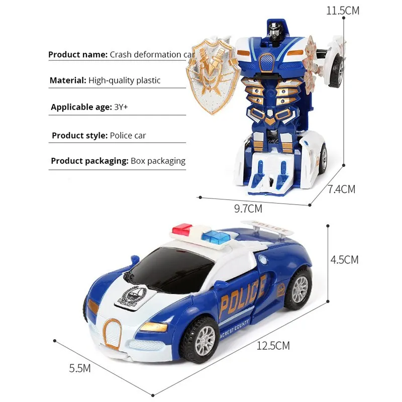 Blue Children's Inertia Impact Police Car Toy with One-Button Transformation