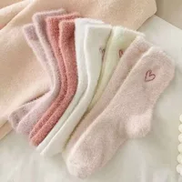 Thickened Mink Fur Socks Pink Heart Embroidery Plush Sleepwear Solid Color Warm Middle Tube Autumn Winter Home Stockings