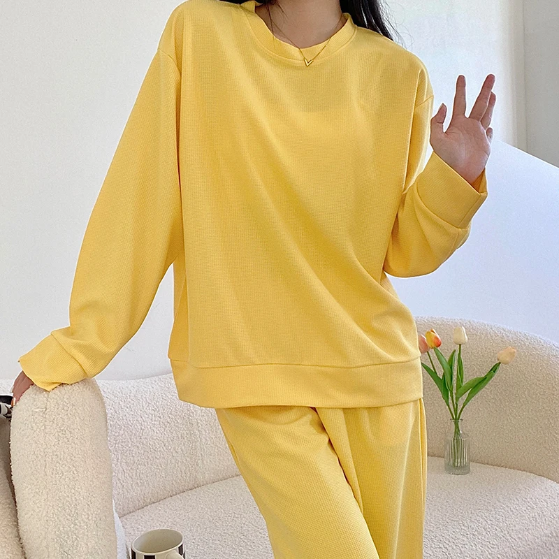Spring and autumn pajamas women's loose and casual round neck can wear solid color plaid knitted cotton home clothes 2-piece set