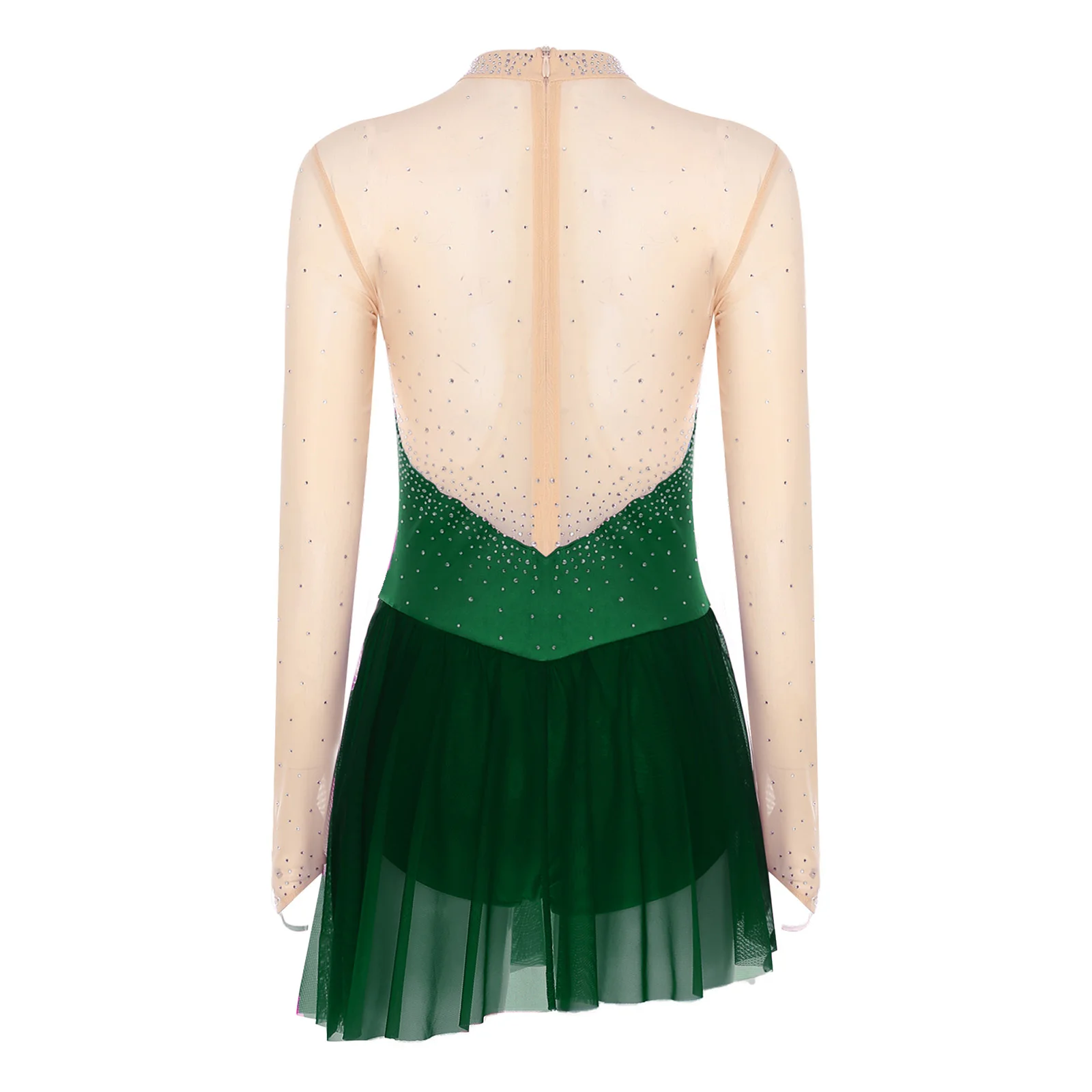 Damen Gymnastik Künstlerisches Eiskunstlauf-Ballett-Trikot-Kleid mit Strasssteinen, durchsichtiges Mesh, lyrisches Latin-Tanz-Bodysuit-Kleid – Detail 36