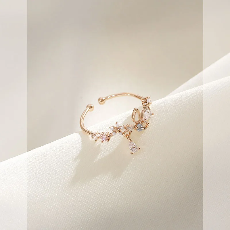 ANENJERY Zircon Flowers Bowkont Adjustable Ring For Women Simple Beautiful Princess Accessories Gift