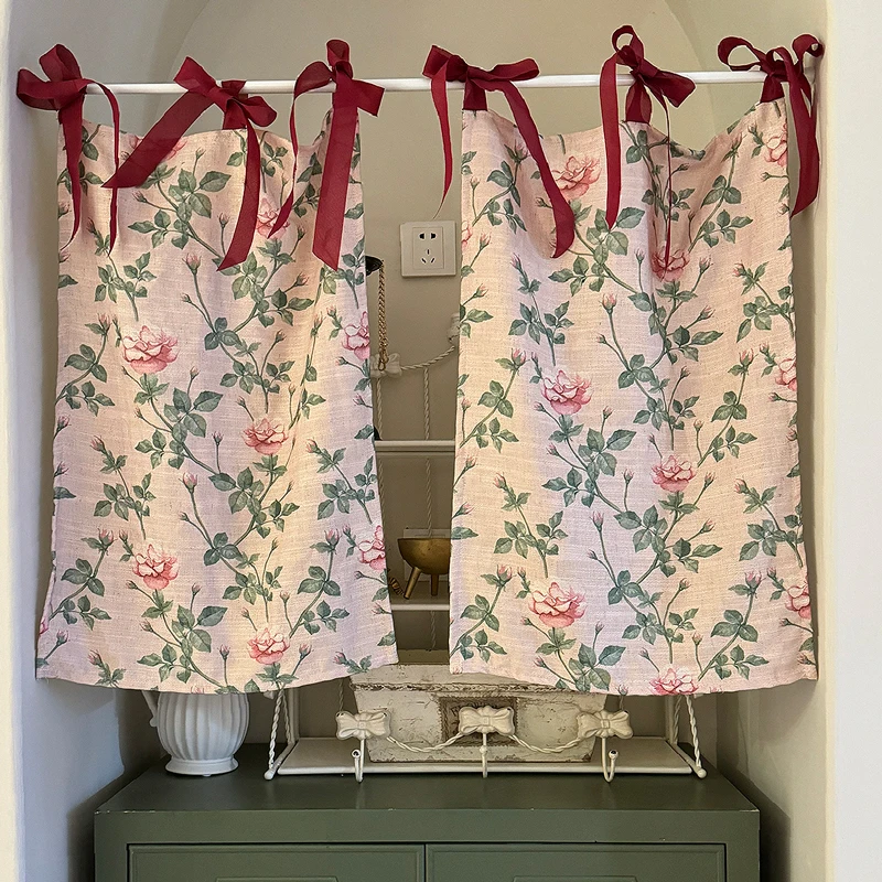 

Rose Printed Bedroom Curtains Window Tie Top Panels Elegant Floral Pattern Window Drapes for Living Room Bedroom Home Decoration