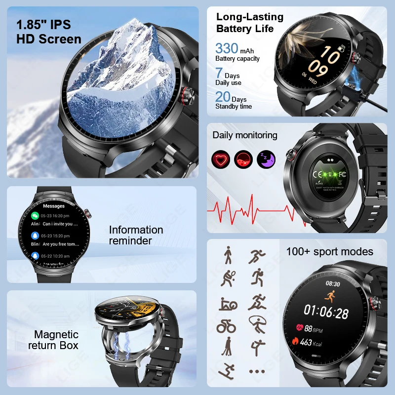 LIGE 2026 Smart Watch 2 in 1 With Earphone Smartwatch Bluetooth Call Men Watch AI Voice Heart Rate Monitor Play Music SmartWatch