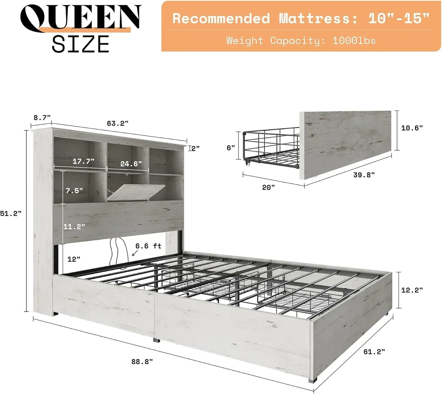 Description Picture 3 of itemQueen Size Bed Frame Wooden Platform Bed with 51.2" LED Storage Bookcase Headboard, 4 Storage Drawers & Charging Station, White