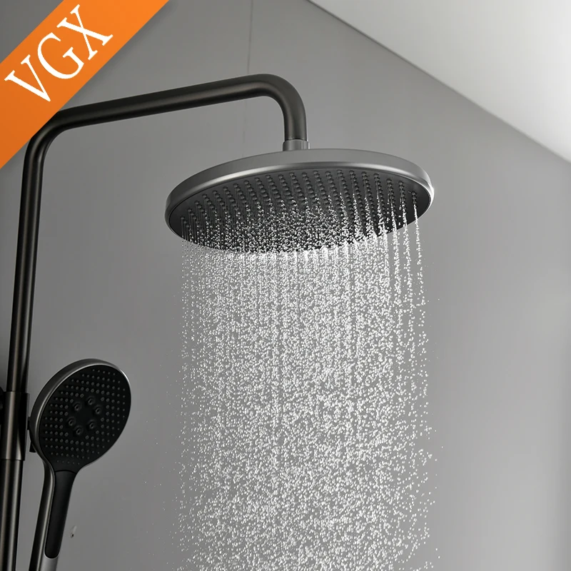 VGX Luxury Shower System Set Bathroom Shower Faucet Set 3-way Rainfall Shower Mixer Crane with Hand Shower Set Black Grey Chrome 5
