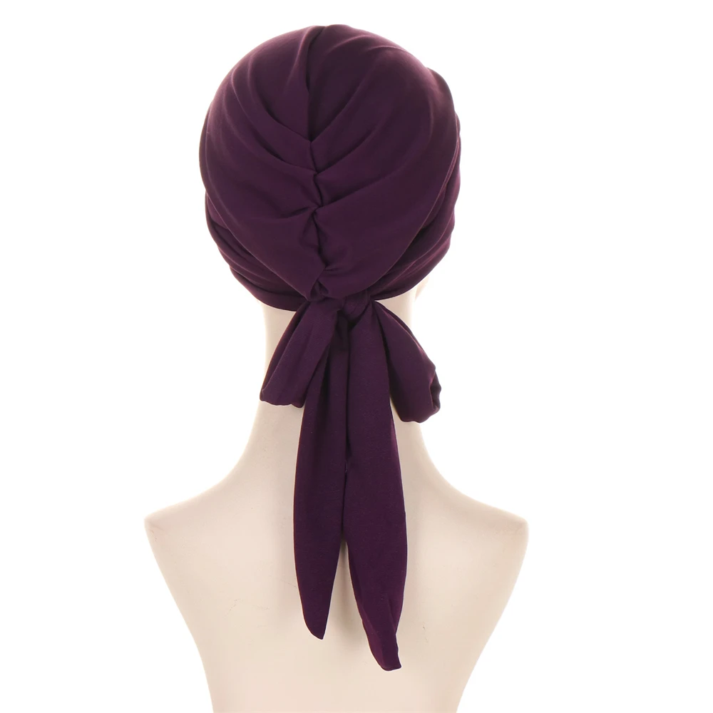 Women Stylish Pre-Tied Turban Chemo Cap Muslim Hijab Inner Cap Beanies Bonnet Long Tail Headscarf Hat Headwrap Caps Accessories