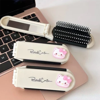 정전기 방지 빗 미러 세트, 밀크 화이트 미니 에어백 헤어 빗, 사각형 포켓 미러, 접이식 헤어 브러시, 메이크업 도구, 2 in 1