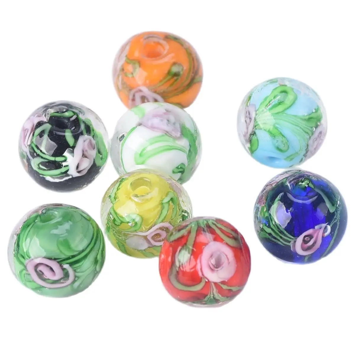 5pcs Round 12mm Flower Pattern Handmade Lampwork Glass Loose Beads for Jewelry Making DIY Crafts Findings for samsung galaxy s22 5g yb imd 9 series tpu phone case electroplating imd iml flower pattern mobile phone shell and lanyard hc001 green gardenia