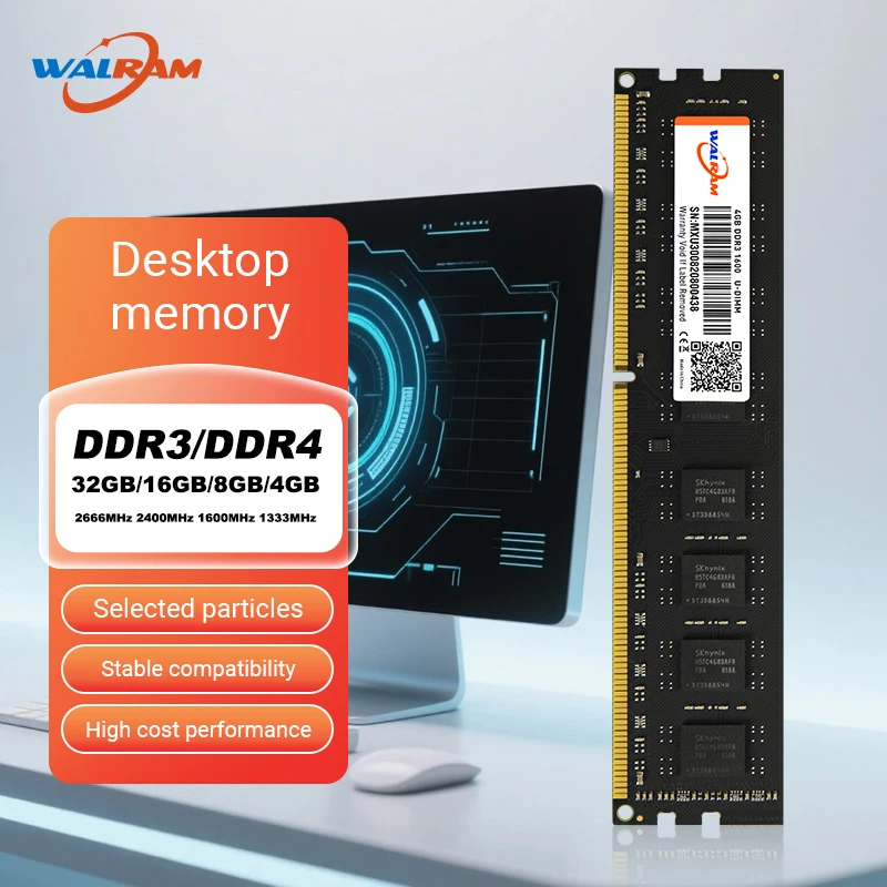 Walram DDR4 2666MHz mémoire Ram DDR3 8GB 1600MHz Ram DDR4 16GB 32GB 4GB 2400Mhz 1333MHz Udimm mémoire interne pour PC de bureau