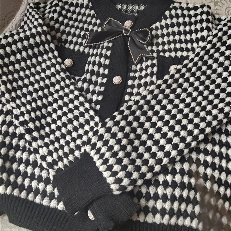 여성용 두꺼운 격자 무늬 색상 O넥 싱글 브레스트 니트 스웨터, 우아한 긴팔 스트리트웨어 가디건, 캐주얼 상의, 가을 겨울