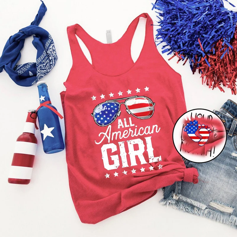 

All American Girl 4th of July Tank Top Casual Women Clothes 4th of July Gift American Flag Tank Top Cartoon Tops L