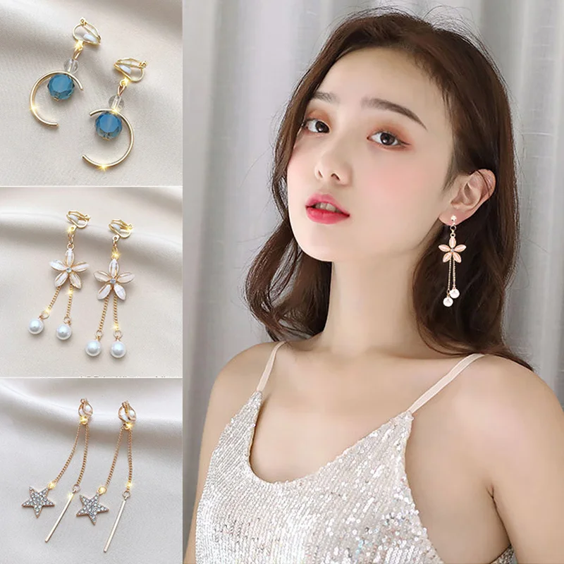 

Fashion Long Tassel Non-piercing Cuff Ear Clip For Women Cute Star Moon Flower Pearl Flower Clip On Earring Party Jewelry Gifts