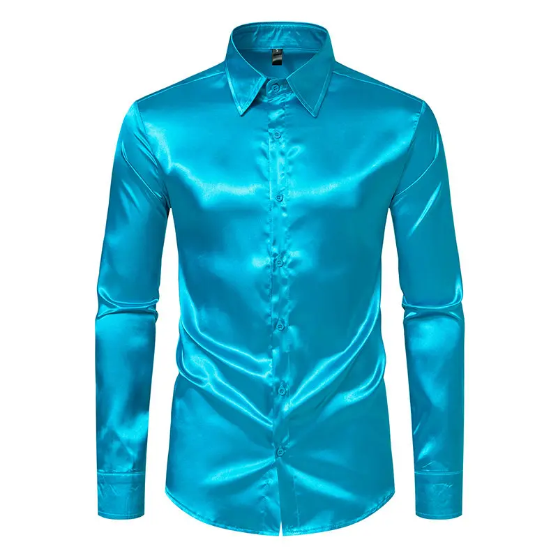 Men's Chiffon Silk Shirt Long Sleeve Single Breasted Gold Satin Casual Slim Fit Party Formal Man Clothing