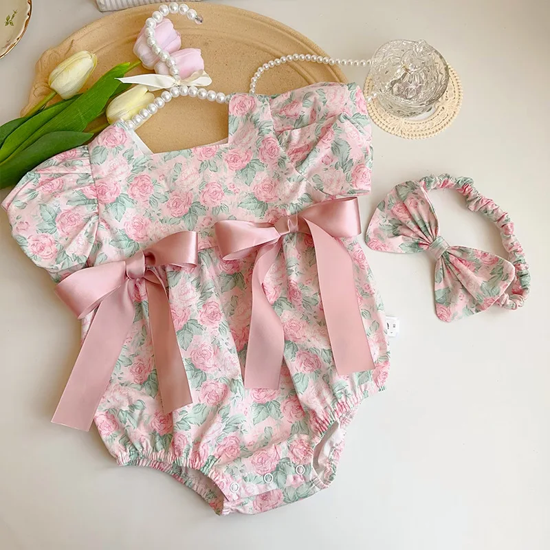 

Baby Clothes Summer Girl Jumpsuit with Headband Sweet Flower Short-Sleeved Romper Big Bow One-Piece Onesie Korean Infant Outfits