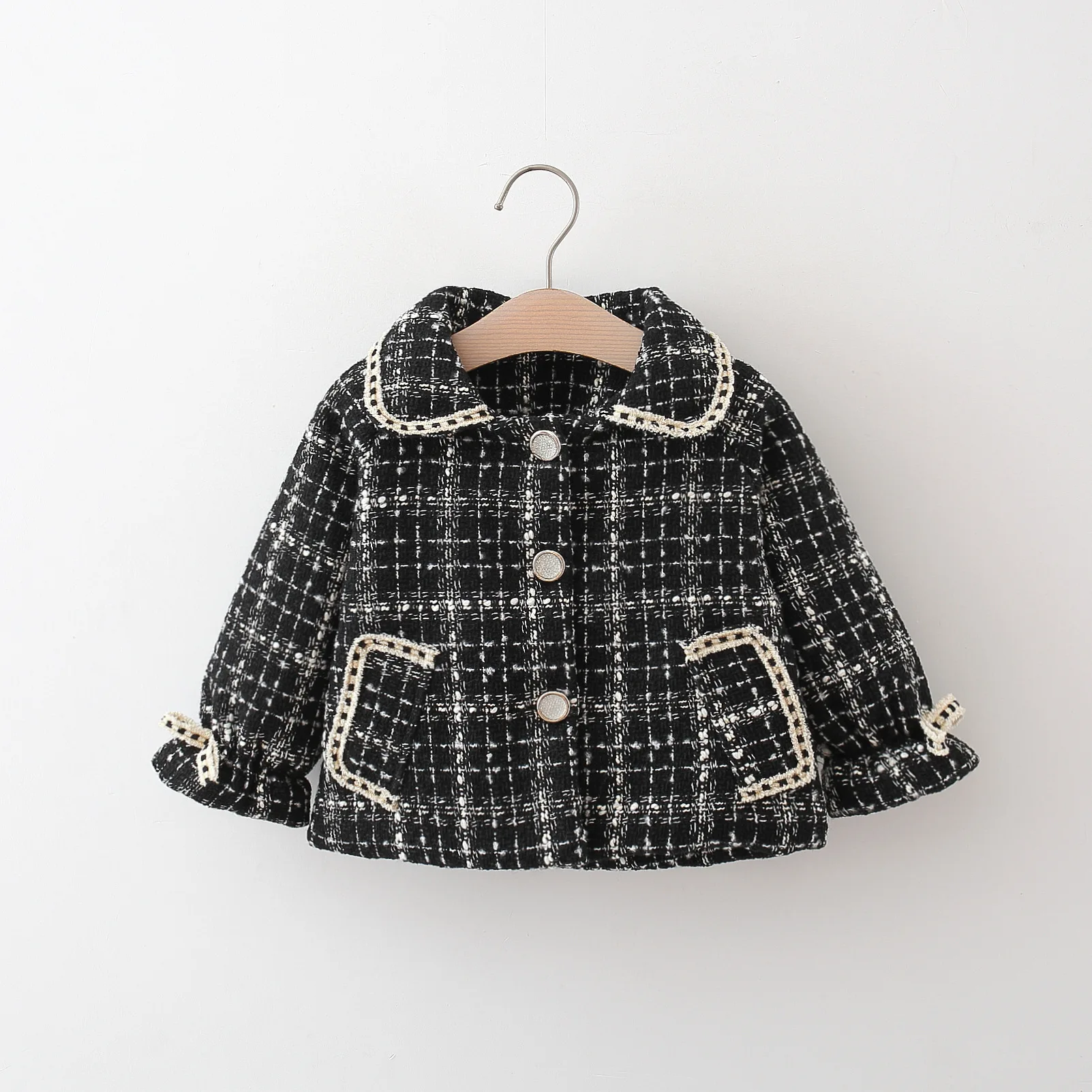 Autumn And Winter Casual 0-3 Baby Girl Jacket Girls' Full Body Plaid Lapel Single Breasted Fashionable Jacket