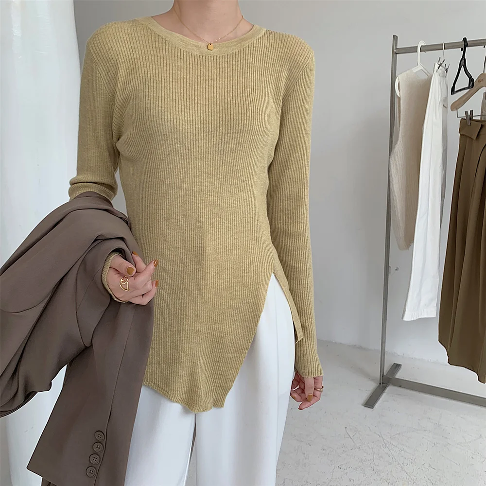 Croysier 2021 Fashion Women Asymmetric Slit Hem Ribbed Pullover Sweater Crew Neck Long Sleeve Casual Knitted Sweaters Pullovers sweater for women