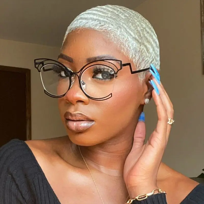 56755 Neue Halbrahmen Aushöhlen Optische Brillengestell Frauen Mode Cat Eye Metall Flache Spiegel Klare Locken Beine Brillen – Detail 4