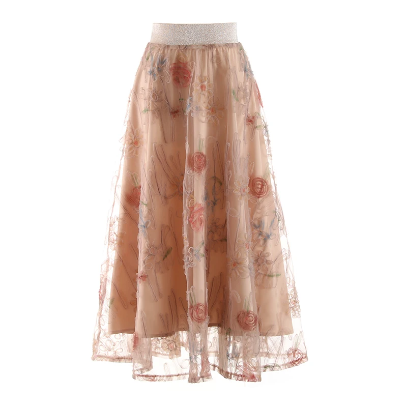 

Women's Fashion Spring Summer Vintage Flower Embroidery Mesh Skirt Female Autumn Winter High Waist Basic A-Line Skirt TB1179