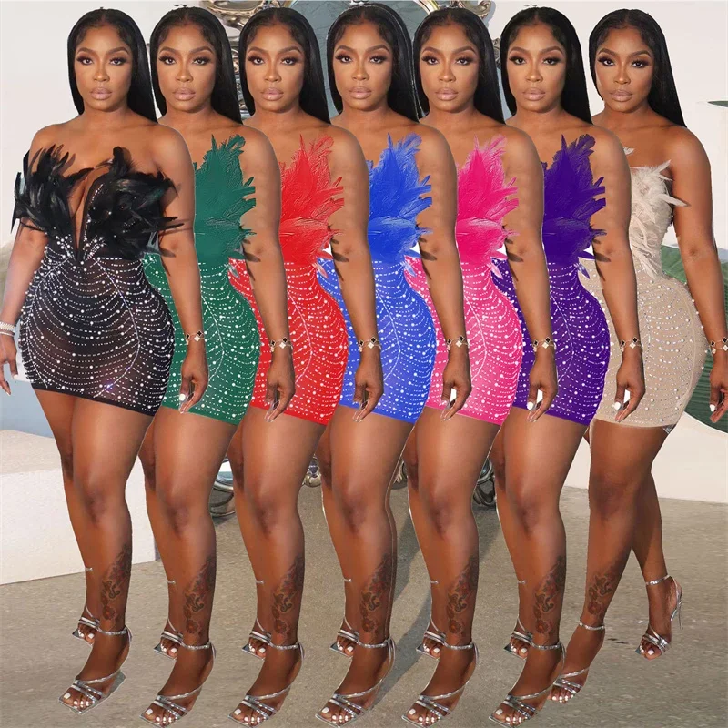Sexy Club Party Night Feathers Rhinestones Birthday Dresses for Woman Elegant Backless Diamond Sheer Mesh Bodycon Dress Vestidos 5