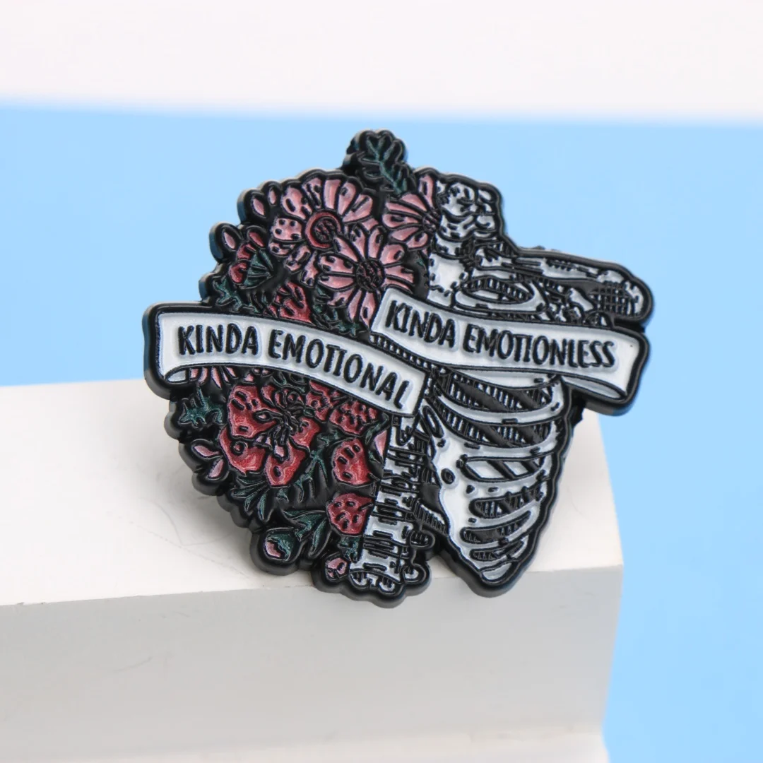 Kinda Emotional Kinda Emotionless Emaille Pin – Cartoon-Blumen- und Skelett-Reversabzeichen für Rucksack-DIY-Geschenk