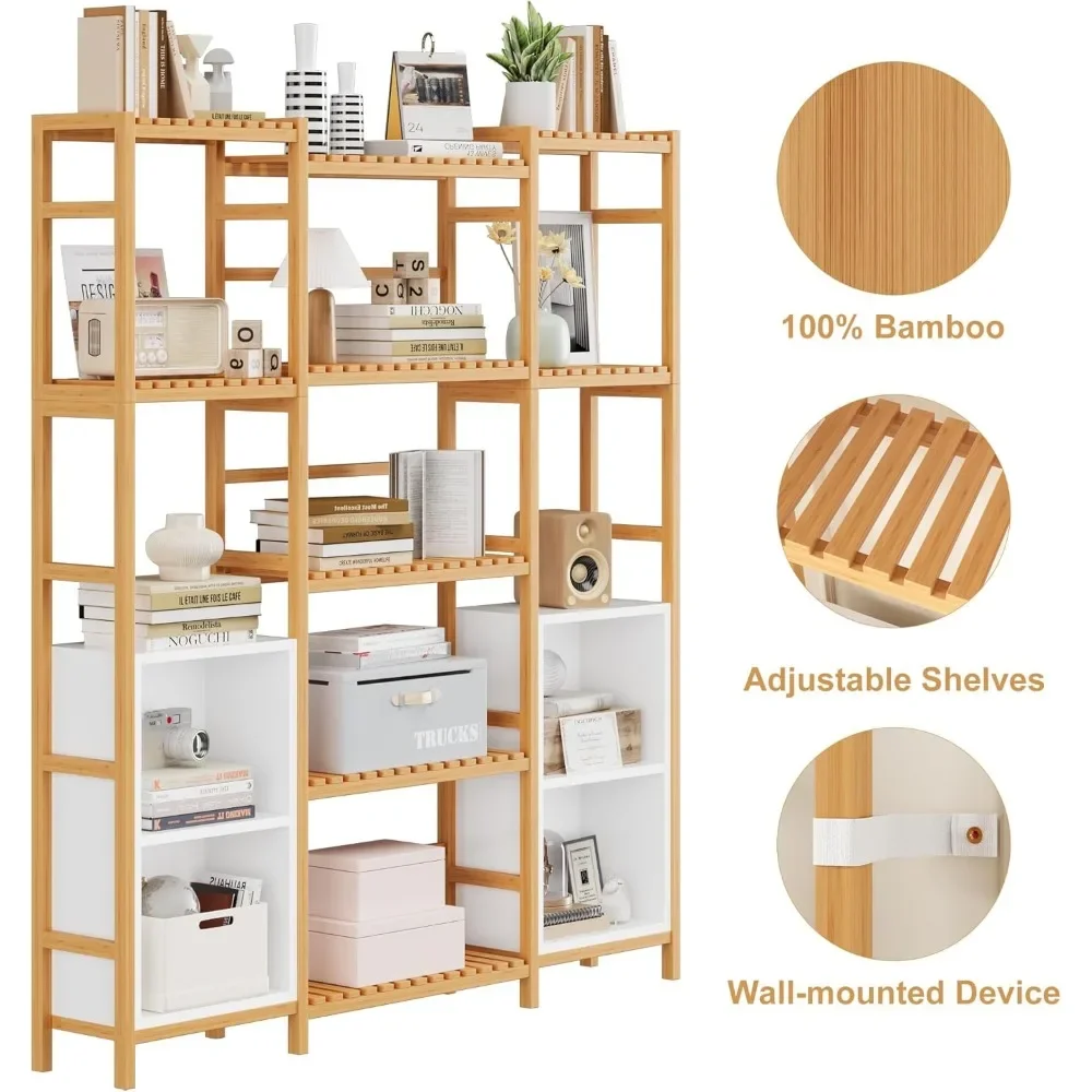 Bamboo Shelf Bookcase, Triple Wide Bookshelf with 4 Cubes & 9 Shelves, Large Bookshelf with Storage, Plant Shelf Bathroom Shelf 5