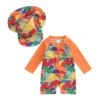 Kids Baby Girls Boys Beach Swimwear Floral/Tropical Tree Print Long Sleeve Zip Up Rompers Swimsuit Bathing Suits with Hat 1