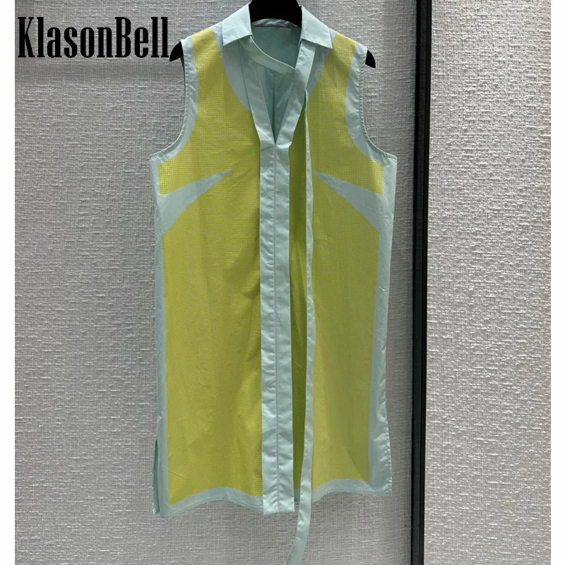 

4.16 KlasonBell Polka Dot Offset Print Fake Two Piece Dress For Women Temperament Ribbon V-Neck Lapel Sleeveless Shirt Dress