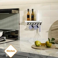 Rustic Wooden Floating Shelf with 6 Hooks Shower Caddy and Key Holder Nordic Style Storage Organizer for Home Bedroom Bathroom 4