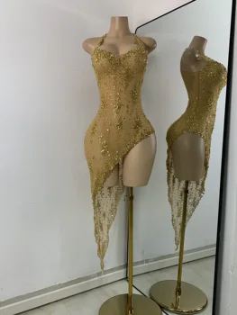 Sparkly Gold Design Evening Party Dress Luxury Rhinestones See Through Sexy Women's Clothing Mesh Stretch Birthday Dresses 1