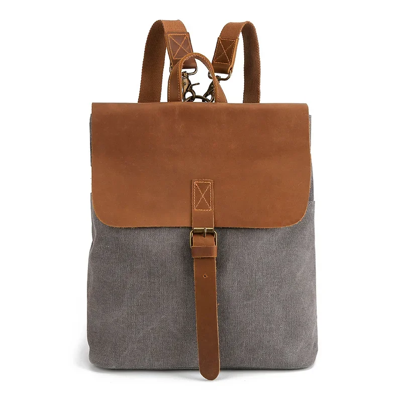 Vintage Canvas Backpack Men's Crazy Horse Genuine Leather Canvas Bag Outdoor Travel Backpack