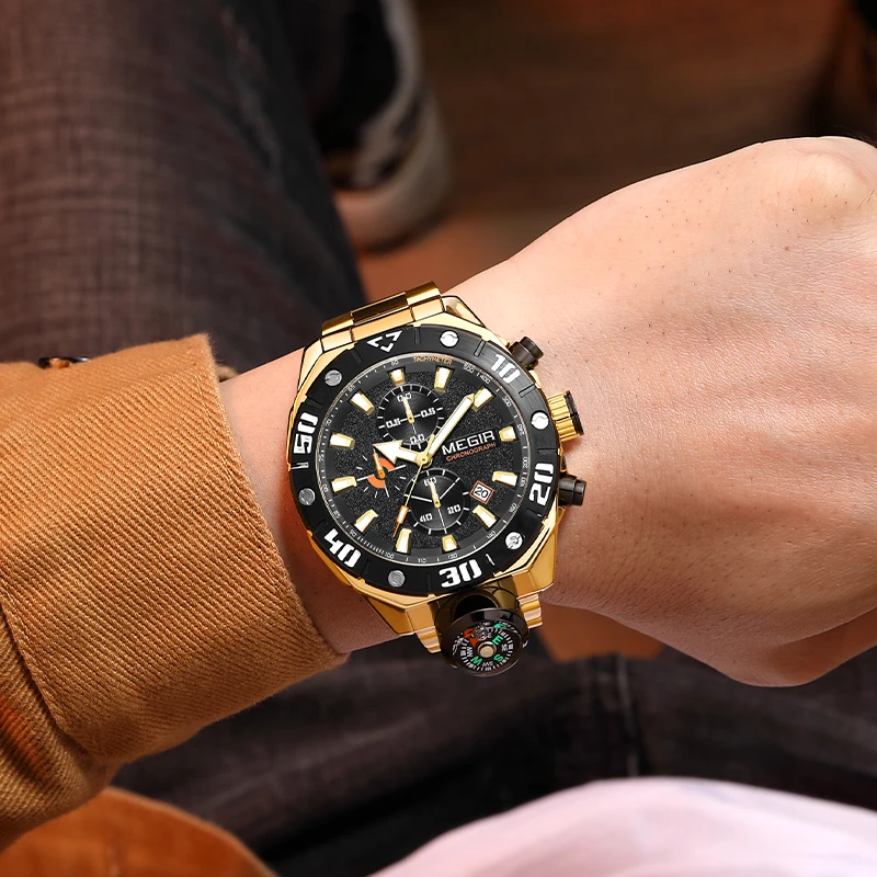 MEGIR Fashion Compass Decoration Quartz Watch for Men Stainless Steel Band Waterproof Luminous Date Sport Chronograph Watches