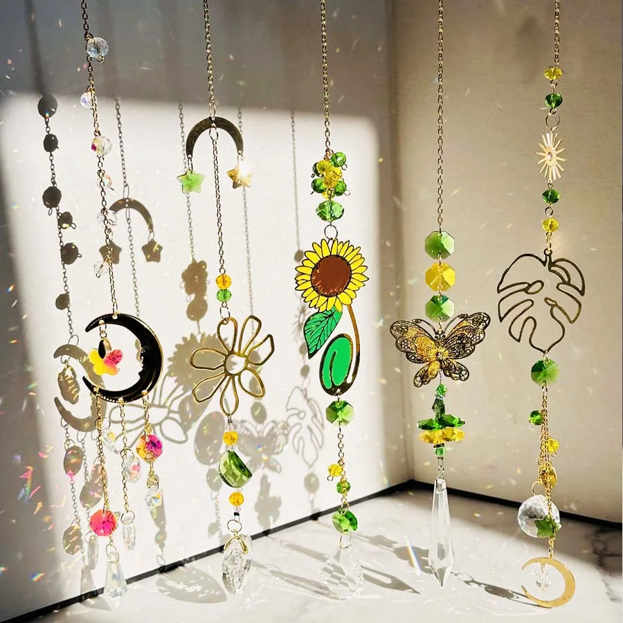 Golden Moon Suncatcher Summer Window Decoration Sunflower Butterfly Pendant Hanging Suncatcher Garden Decoration Xmas Gift