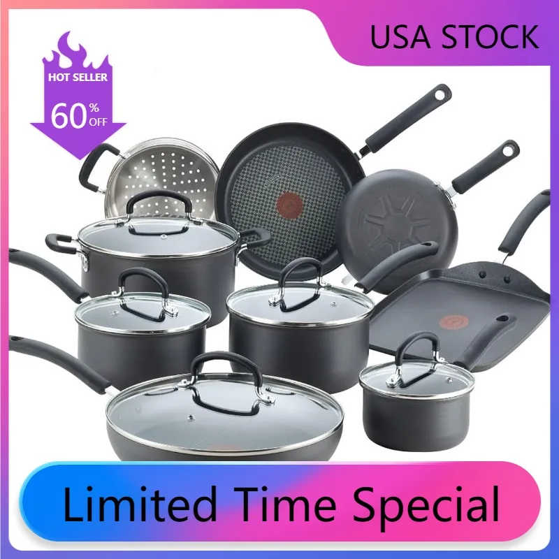 T-fal Ultimate Hard Anodized Nonstick 17-Piece Kitchen Cookware Set,Riveted  Silicone Handles for Comfortable Cooking Pots Set - AliExpress