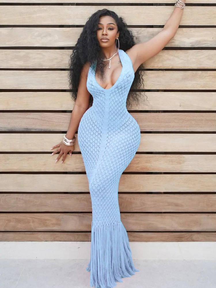 kliou Halter Plaid Knitted Women Maxi Dresses Simple V-Neck Backless Sheath  Long Robe Female Tassel Elegant Vacation Vestidos - AliExpress 200000345
