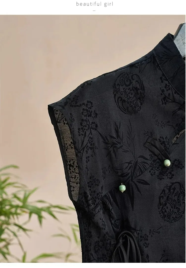 Französisches neues chinesisches Cheongsam-Top aus Satin-Jacquard-Schulter-Kurzarm-T-Shirt für Damen im neuen Sommer im Retro-Stil – Detail 5
