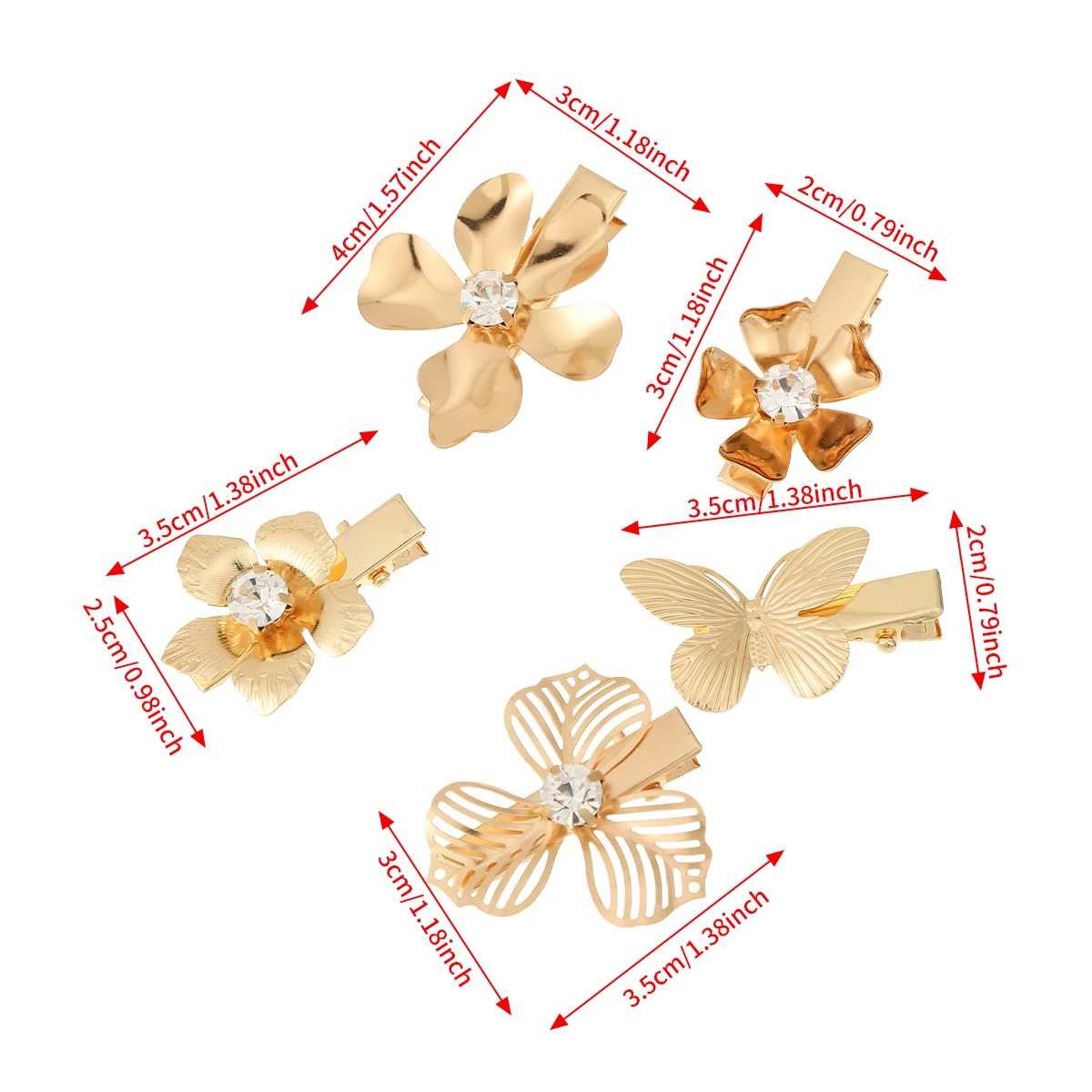 4PCS Alloy Gold Flower Hair Clips Metal Butterfly Barrettes Girl Duck Clip Hairpin Rhinestones Female Hair Snap Clips