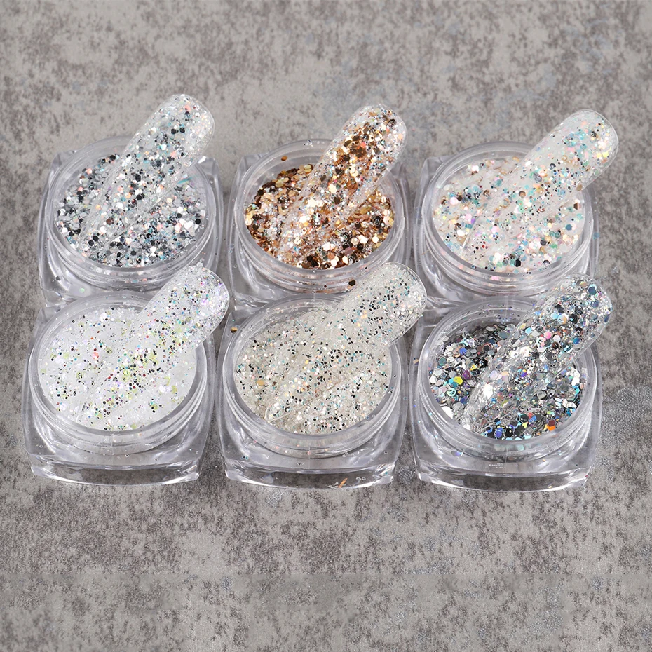 6pc Glitter for Nails Mixed Hexagon Sequin Champagne Laser Sliver Nail Art Flakes Paillette Manicure Decoration Design LA1539-27 nail glitter nail decoration nail decorations nail flakes