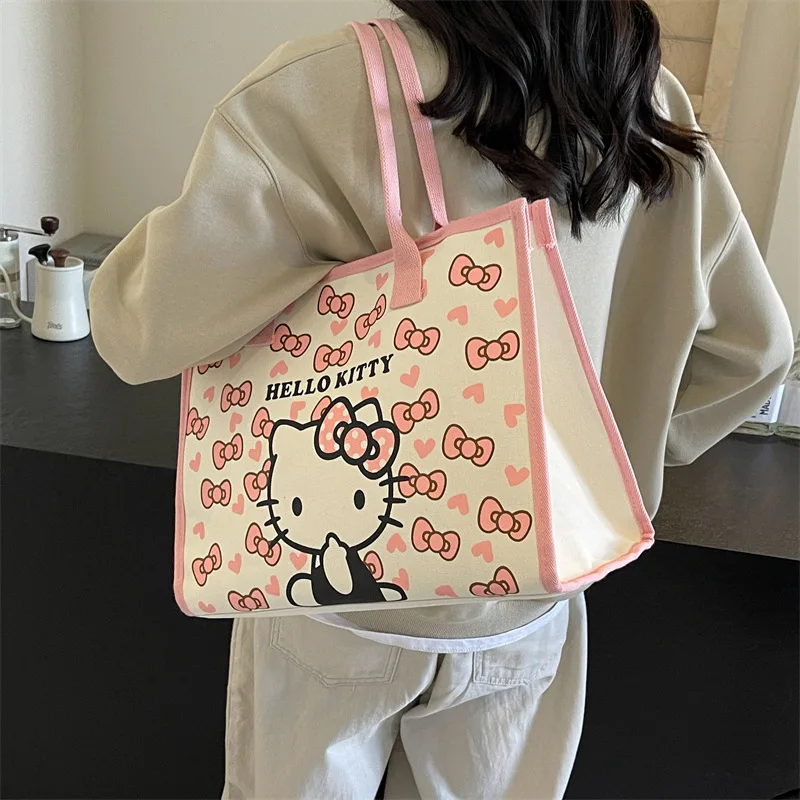 Samrio Hello Kitty Woman's Shoulder Bag Large Capacity Commuter All-in-one Cute Cartoon Aesthetic Bag Kt Printed Canvas Tote Bag